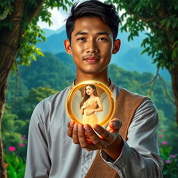 A young Javanese man holding a ring that contains a beautiful woman inside, set against a lush forest and mountainous background