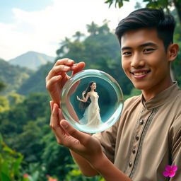 A young Javanese man holding a ring that contains a beautiful woman inside, set against a lush forest and mountainous background