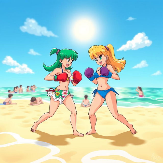 A dynamic beach scene featuring Chi-Chi and Bulma engaged in a playful bikini boxing match