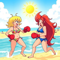 A dynamic beach scene featuring Chi-Chi and Bulma engaged in a playful bikini boxing match