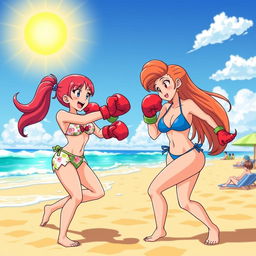 A dynamic beach scene featuring Chi-Chi and Bulma engaged in a playful bikini boxing match