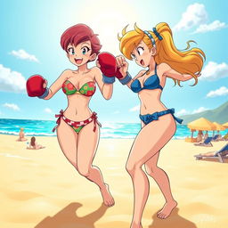 A dynamic beach scene featuring Chi-Chi and Bulma engaged in a playful bikini boxing match