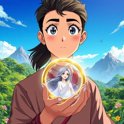 An anime-style poster featuring a young Javanese man holding a ring that contains a beautiful woman inside