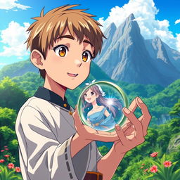 An anime-style poster featuring a young Javanese man holding a ring that contains a beautiful woman inside