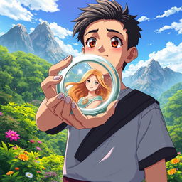 An anime-style poster featuring a young Javanese man holding a ring that contains a beautiful woman inside