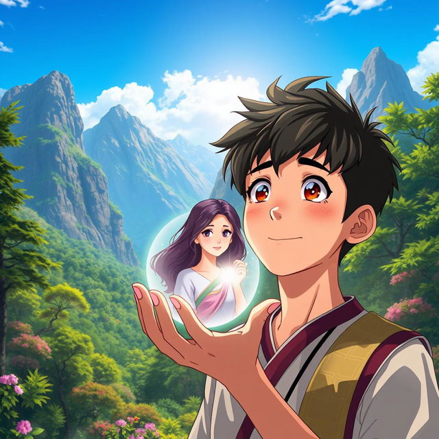 An anime-style poster featuring a young Javanese man holding a ring that contains a beautiful woman inside