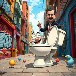A surreal and humorous scene featuring a cartoonish toilet character inspired by 'Skibidi Toilet' culture with exaggerated facial expressions, playing in a vibrant city landscape