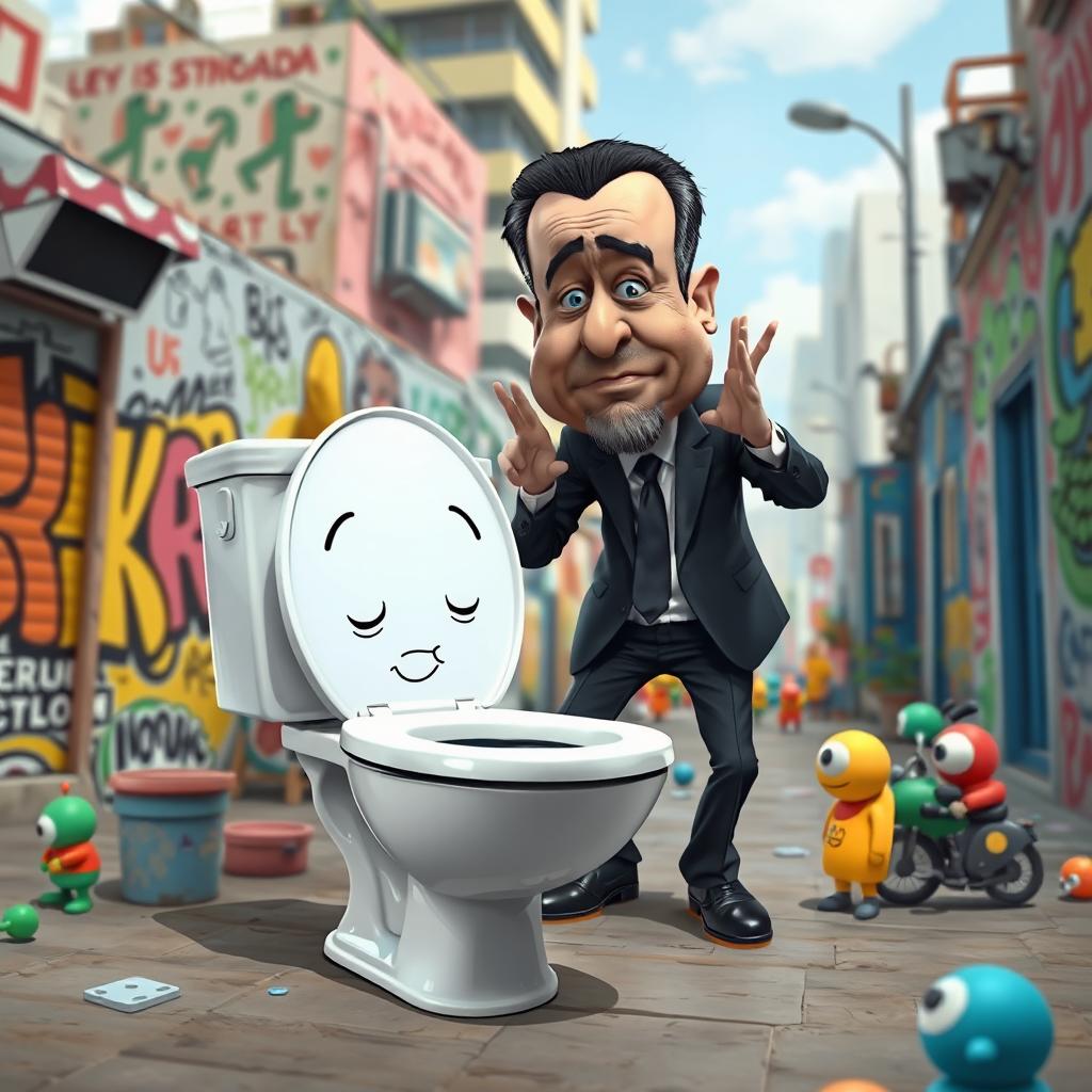 A surreal and humorous scene featuring a cartoonish toilet character inspired by 'Skibidi Toilet' culture with exaggerated facial expressions, playing in a vibrant city landscape