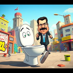 A surreal and humorous scene featuring a cartoonish toilet character inspired by 'Skibidi Toilet' culture with exaggerated facial expressions, playing in a vibrant city landscape