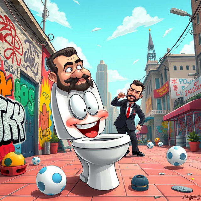 A surreal and humorous scene featuring a cartoonish toilet character inspired by 'Skibidi Toilet' culture with exaggerated facial expressions, playing in a vibrant city landscape