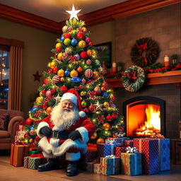 A large and eye-catching Christmas tree, beautifully decorated with colorful ornaments, twinkling lights, and a shining star on top, radiating happiness in a cozy home setting