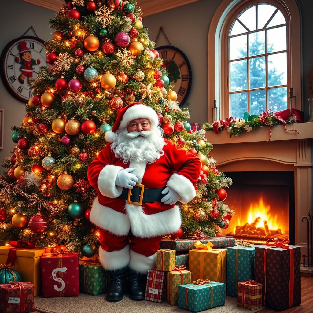 A large and eye-catching Christmas tree, beautifully decorated with colorful ornaments, twinkling lights, and a shining star on top, radiating happiness in a cozy home setting