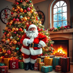 A large and eye-catching Christmas tree, beautifully decorated with colorful ornaments, twinkling lights, and a shining star on top, radiating happiness in a cozy home setting