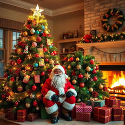 A large and eye-catching Christmas tree, beautifully decorated with colorful ornaments, twinkling lights, and a shining star on top, radiating happiness in a cozy home setting