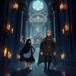 A beautifully illustrated scene depicting a lost maid with long black hair and a blonde prince in the majestic halls of a grand royal castle