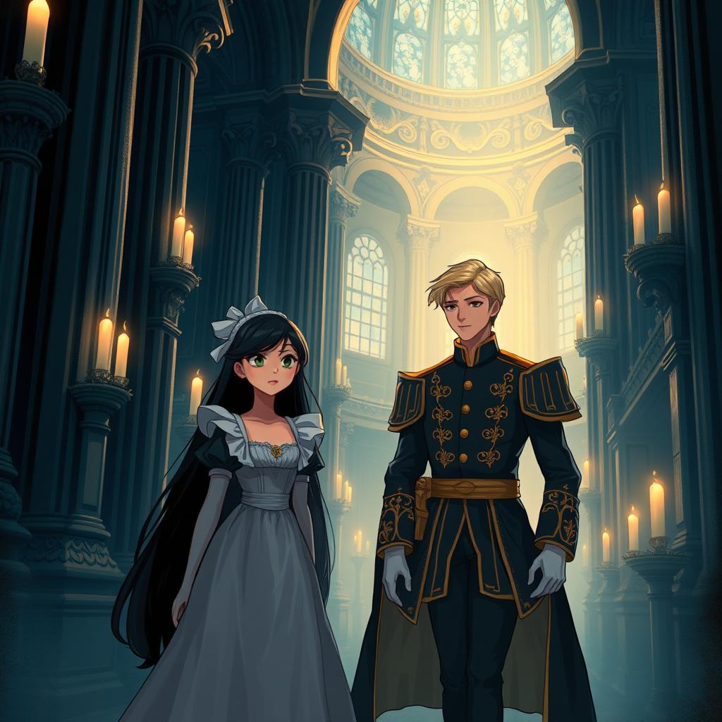 A beautifully illustrated scene depicting a lost maid with long black hair and a blonde prince in the majestic halls of a grand royal castle