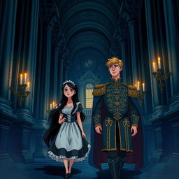 A beautifully illustrated scene depicting a lost maid with long black hair and a blonde prince in the majestic halls of a grand royal castle