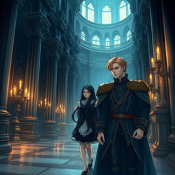A beautifully illustrated scene depicting a lost maid with long black hair and a blonde prince in the majestic halls of a grand royal castle