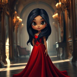 A cute and beautiful princess with long black hair, deep black eyes, and golden skin
