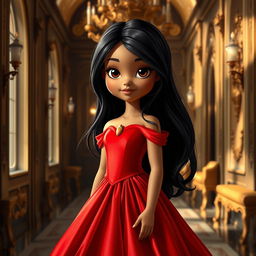 A cute and beautiful princess with long black hair, deep black eyes, and golden skin