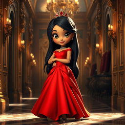 A cute and beautiful princess with long black hair, deep black eyes, and golden skin
