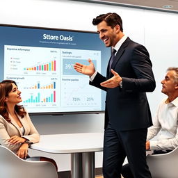 A modern conference room scene featuring a male speaker in an elegant suit enthusiastically explaining impressive performance statistics for a store called 'Store Oasis'