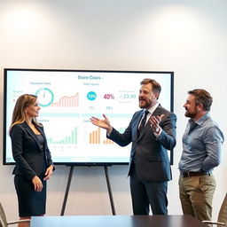 A modern conference room scene featuring a male speaker in an elegant suit enthusiastically explaining impressive performance statistics for a store called 'Store Oasis'