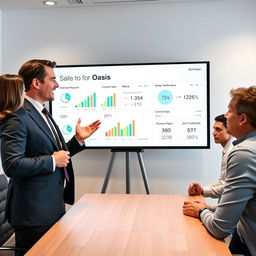 A modern conference room scene featuring a male speaker in an elegant suit enthusiastically explaining impressive performance statistics for a store called 'Store Oasis'
