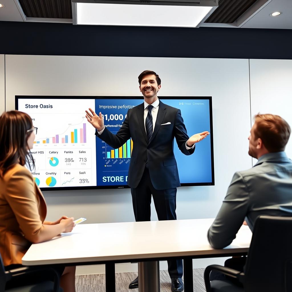 A modern conference room scene featuring a male speaker in an elegant suit enthusiastically explaining impressive performance statistics for a store called 'Store Oasis'