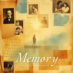 A visually striking book cover background for an autobiography titled 'Memory', featuring a collage of abstract memories such as faded photographs, handwritten letters, and soft watercolor strokes blending together