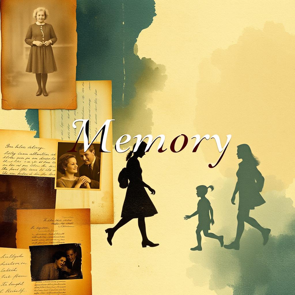 A visually striking book cover background for an autobiography titled 'Memory', featuring a collage of abstract memories such as faded photographs, handwritten letters, and soft watercolor strokes blending together