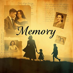 A visually striking book cover background for an autobiography titled 'Memory', featuring a collage of abstract memories such as faded photographs, handwritten letters, and soft watercolor strokes blending together
