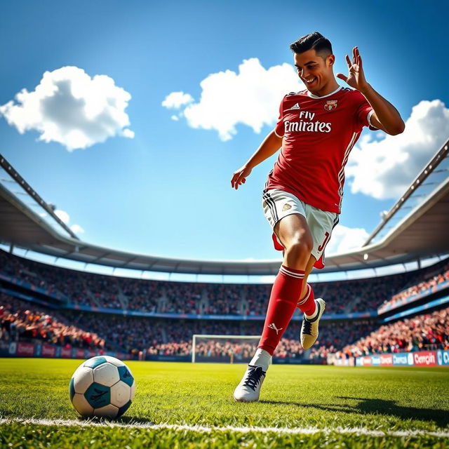 A dynamic scene of Cristiano Ronaldo and iShowSpeed on a football pitch, both wearing their respective team uniforms