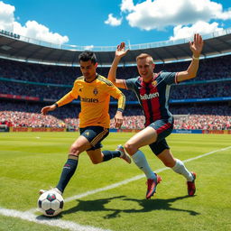 A dynamic scene of Cristiano Ronaldo and iShowSpeed on a football pitch, both wearing their respective team uniforms