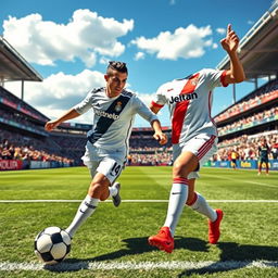 A dynamic scene of Cristiano Ronaldo and iShowSpeed on a football pitch, both wearing their respective team uniforms