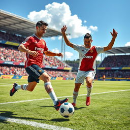 A dynamic scene of Cristiano Ronaldo and iShowSpeed on a football pitch, both wearing their respective team uniforms