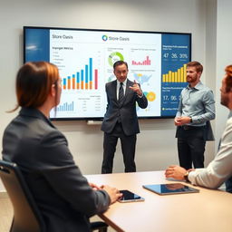 A modern conference room scene featuring a dynamic presentation