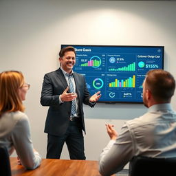 A modern conference room scene featuring a dynamic presentation