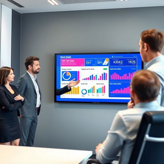 A modern conference room scene featuring a dynamic presentation