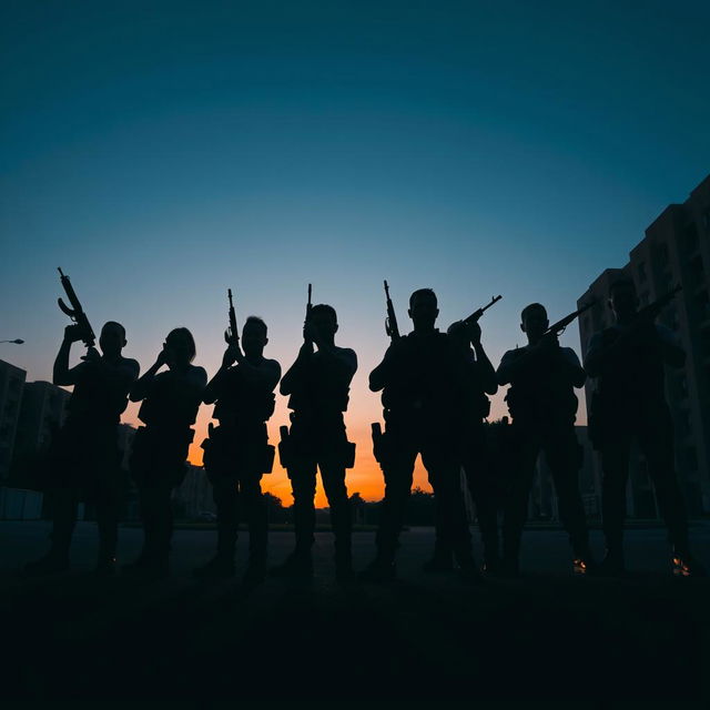 The dramatic silhouette of eight men standing in a tight formation against a stark urban backdrop, each holding a gun