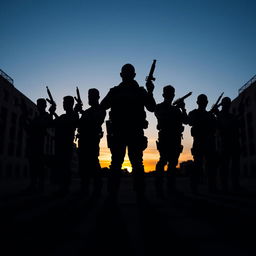 The dramatic silhouette of eight men standing in a tight formation against a stark urban backdrop, each holding a gun