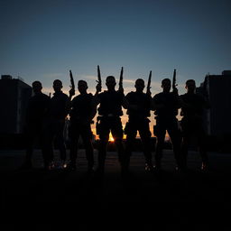 The dramatic silhouette of eight men standing in a tight formation against a stark urban backdrop, each holding a gun