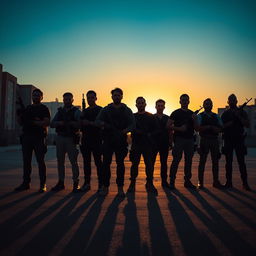 The dramatic silhouette of eight men standing in a tight formation against a stark urban backdrop, each holding a gun