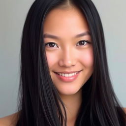 A portrait of a person with long, flowing black hair cascading down their shoulders, featuring a slim and defined face
