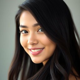A portrait of a person with long, flowing black hair cascading down their shoulders, featuring a slim and defined face
