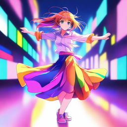 A digital art image of a playful anime girl in the midst of a dance move