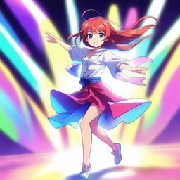 A digital art image of a playful anime girl in the midst of a dance move