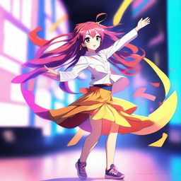 A digital art image of a playful anime girl in the midst of a dance move