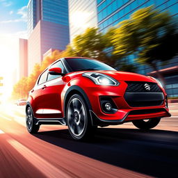 A detailed and dynamic illustration of a Swift Generation 2 car in motion, showcasing its sleek design and sporty features