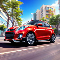 A detailed and dynamic illustration of a Swift Generation 2 car in motion, showcasing its sleek design and sporty features